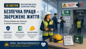 Ілюстрація до Всесвітнього дня охорони праці: працівники під час повітряної тривоги прямують до укриття, інструктаж із безпеки та засоби захисту в умовах воєнного стану.
