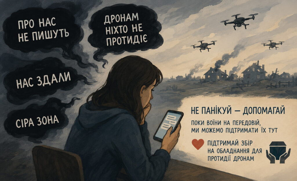 Ілюстрація про інформаційну війну в прикордонні Сумщини: жінка читає панічні дописи в телефоні на тлі зруйнованого села та дронів у небі. На зображенні написи «Про нас не пишуть», «Дронам ніхто не протидіє», «Нас здали», «Сіра зона» та заклик допомагати військовим замість поширення паніки.