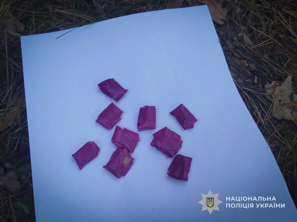 Згортки з психотропною речовиною, вилучені під час затримання жінки в лісі в Охтирці