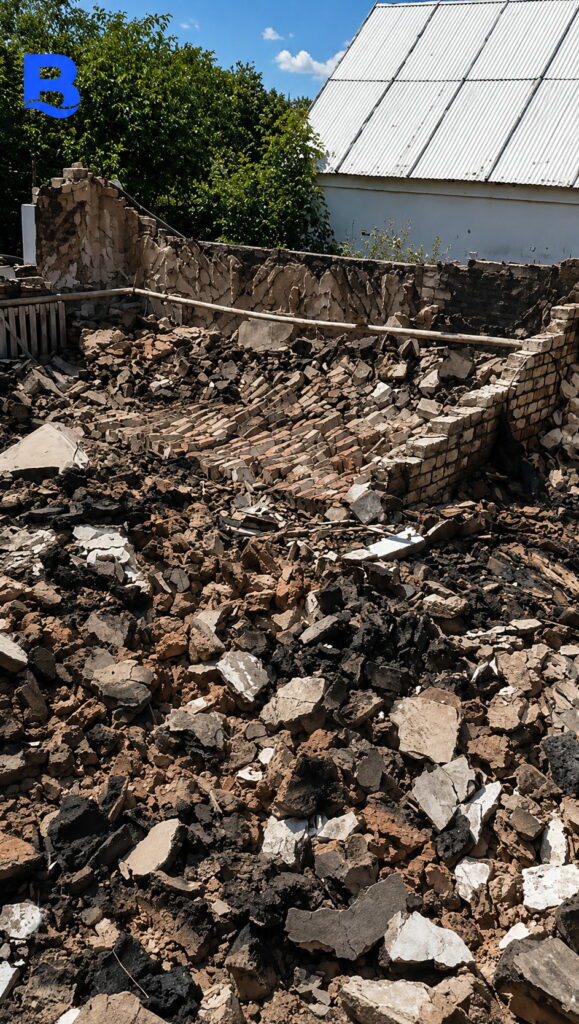 Подвір'я в Розсошах після двох атак БПЛА «Молнія». Будинок повністю зруйнований і вигорів.
