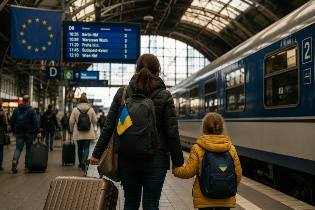 Українська жінка з дитиною на залізничному вокзалі в Європі